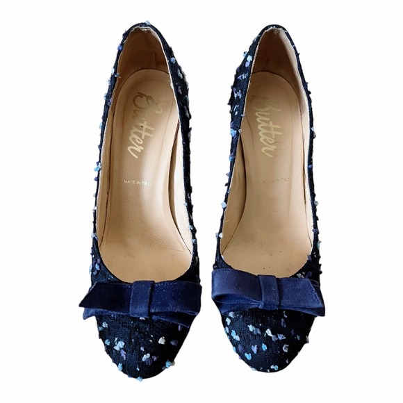 BUTTER Blue Fabric Leather Pumps Round Toe Swiss Dot Bow Stiletto Heels US 7 EUC - Picture 8 of 10